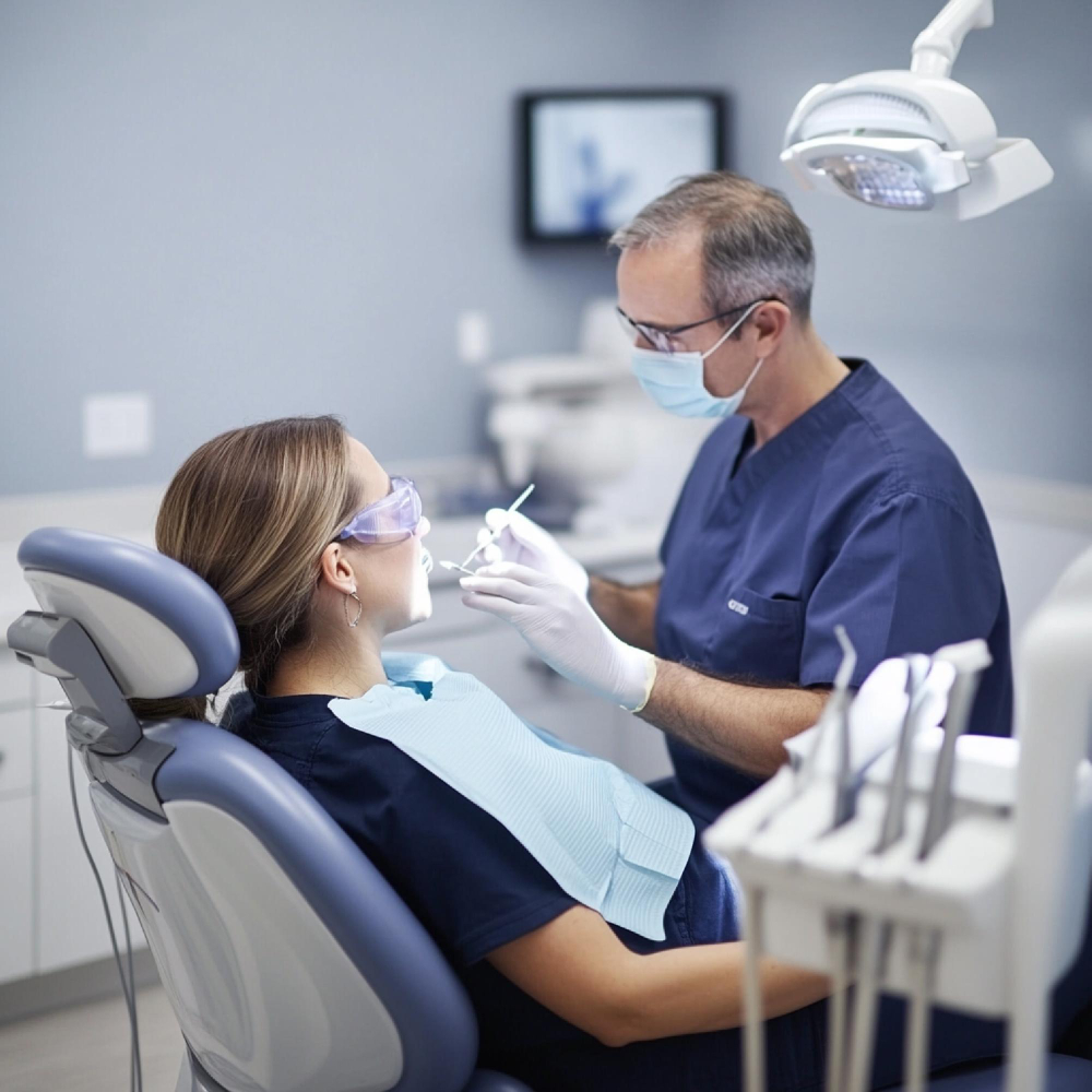 A man and woman are working on a dental chair