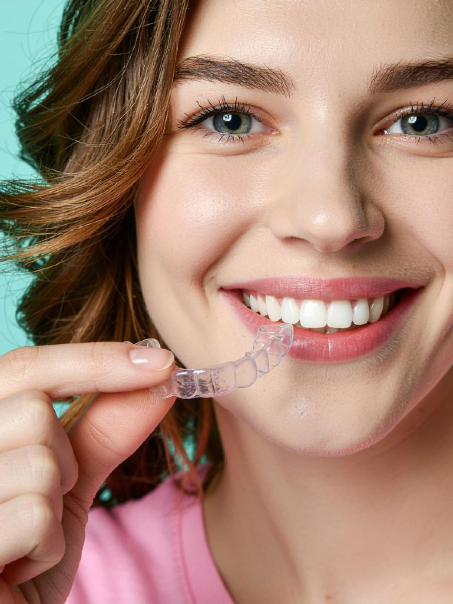 Woman smiling with invisalign clear aligners